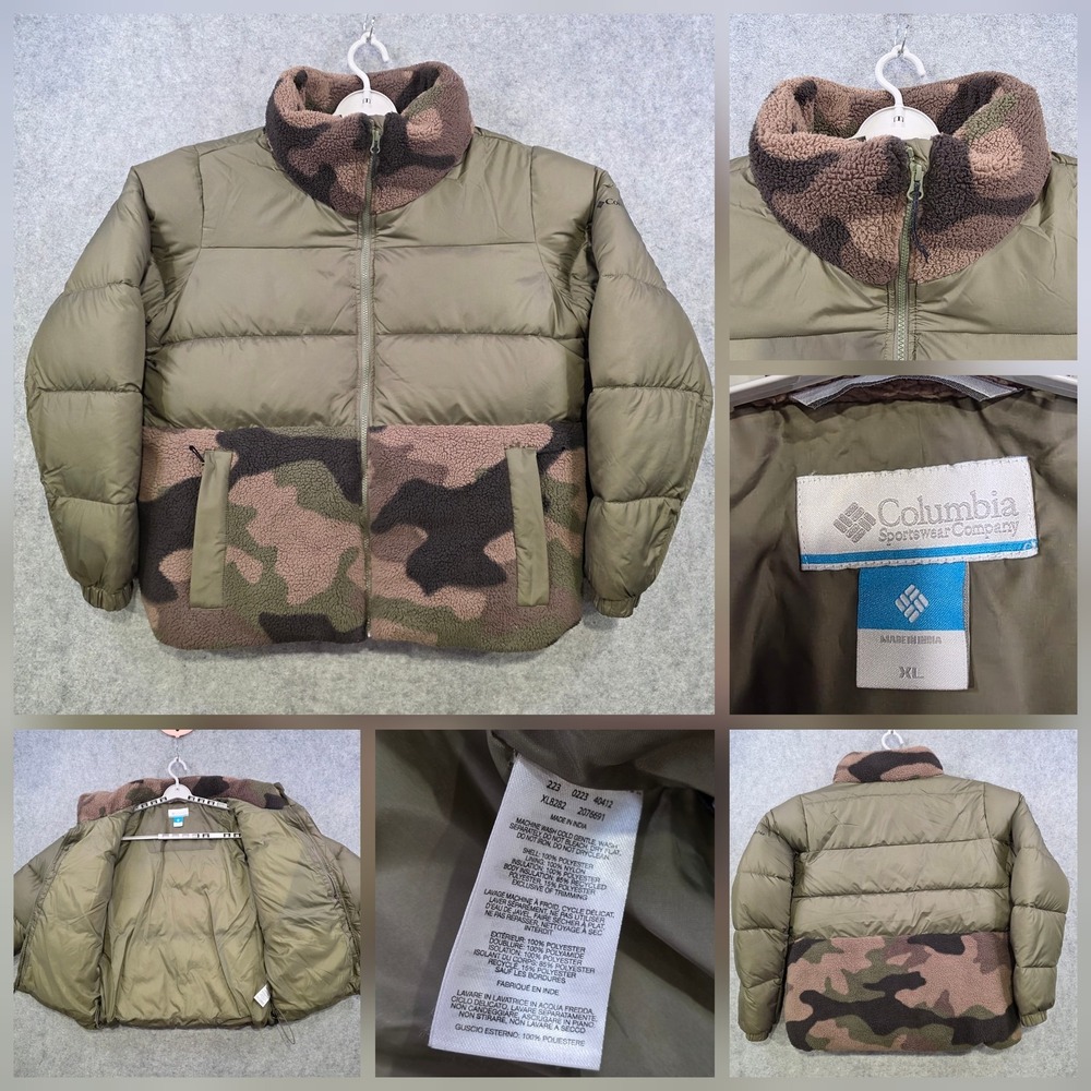 Columbia Jacket Mens XL Green Camo Fleece Puffer Insulated Zip Pockets Winter